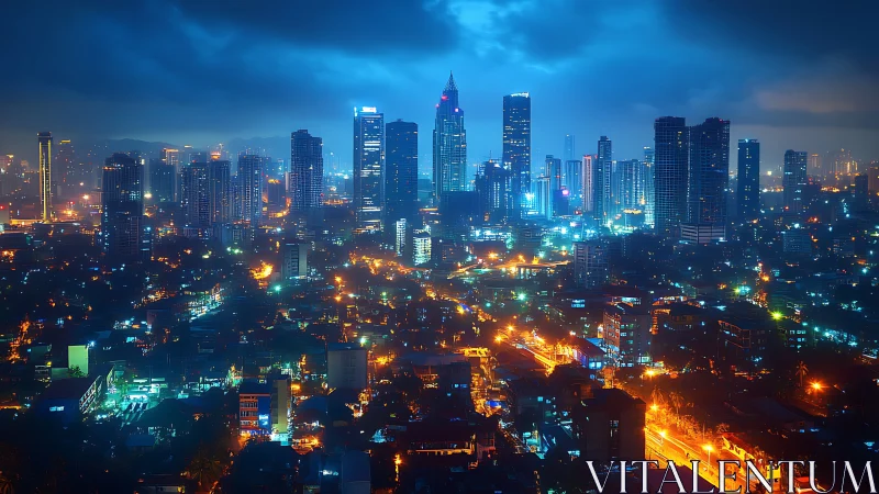 Neon arteries weave through a stormy electric megacity