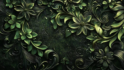 Ornate emerald floral relief with metallic baroque foliage
