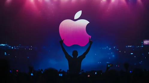 Silhouette crowd celebrates glowing logo under magenta stage lights.