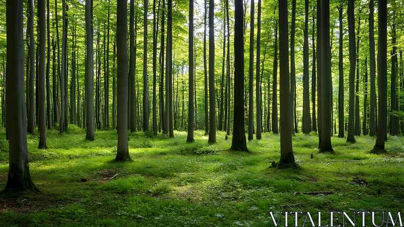 Sunlit Tranquil Forest with Tall Trees and Lush Greenery.
