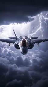 Photorealistic stealth jet front view in storm cloud corridor.