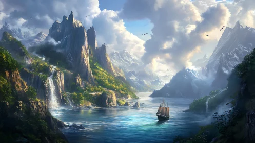 Fantastical Nordic Fjord Valley with Towering Granite Cliffs and Sailing Vessel