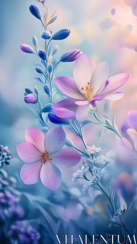 Delicate Blue and Pink Flowers Blooming in Dreamy Light
