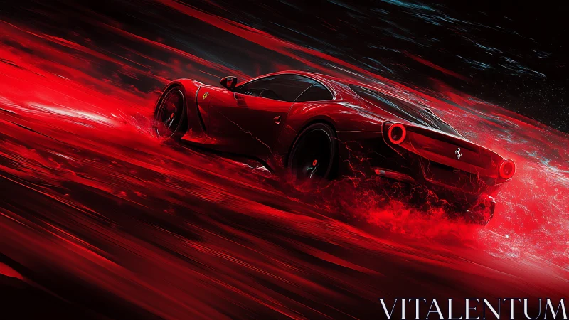 Flaming red supercar blasts through liquid light at speed.