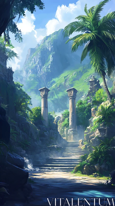 Sunlit stone stairway to ancient jungle temple colonnade