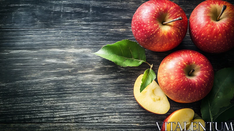Red apples and slices on rustic dark wooden background.