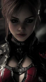 Rendered female character in armored suit under low-key light