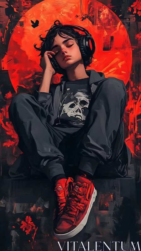 Teen listening to headphones before blazing red sun