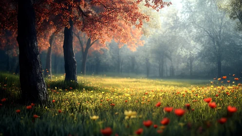 Sunlit forest meadow glowing with wildflowers and mist.