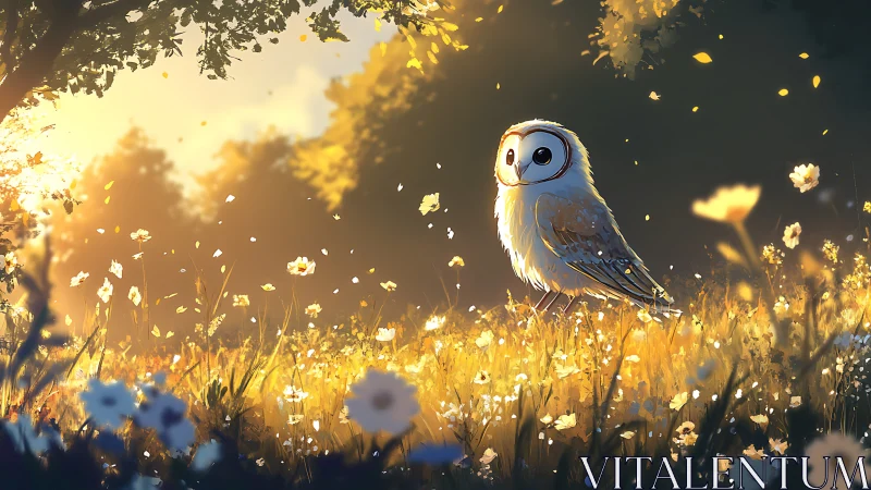 Whimsical owl in glowing meadow, digital art with warm sunset tones.