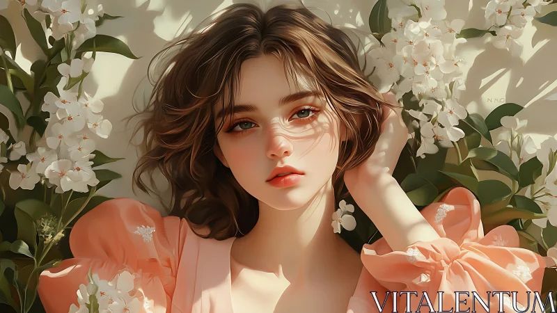 Young woman lies among white flowers in soft daylight