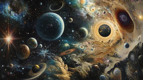 Surreal cosmic vortex with swirling planets and nebulae.