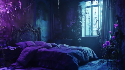 Midnight vines tuck a moonlit bed into violet dreams