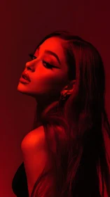 Red-lit side profile portrait exudes dramatic elegance.