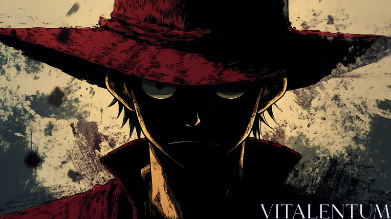 Shadowed outlaw in crimson hat stares through stormlight.