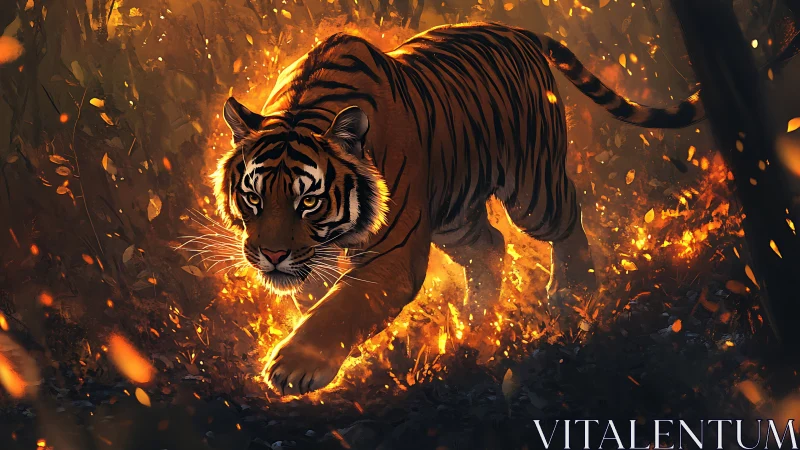 Digital painting of prowling tiger through ember-lit forest floor.