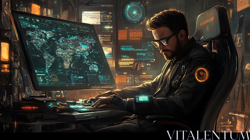 Cyberpunk command console with tactical data visualization focus.