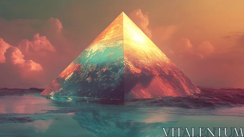 Glowing crystal pyramid resting in a dreamy pastel seascape.