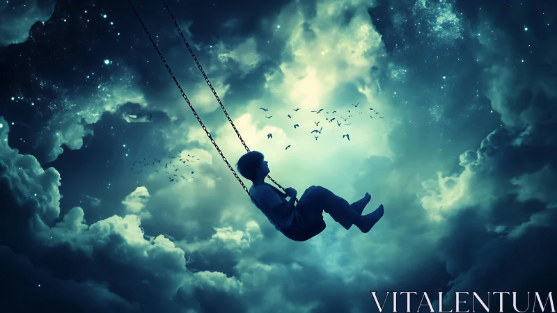 Night sky cradle lifts a dreaming child through cloudlight