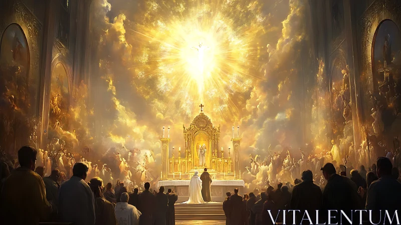 Majestic wedding ceremony under radiant golden altar light.