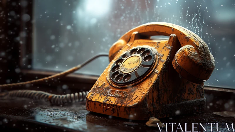 Weathered rotary phone waits quietly by a snowy window