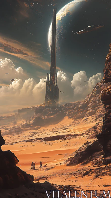 Tall sci fi desert tower under planet-filled sky scene.