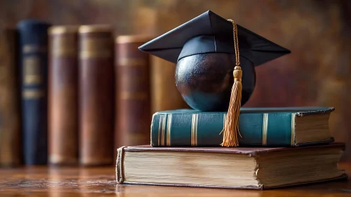 Graduation cap rests on globe and books in warm light