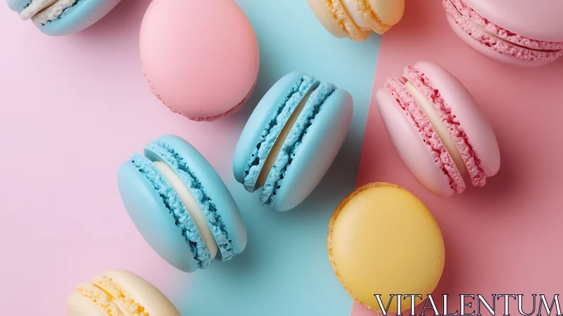 Pastel Macarons: Pink, Blue, Yellow Colors.