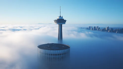 Photorealistic observation tower emerging through low cloud deck.