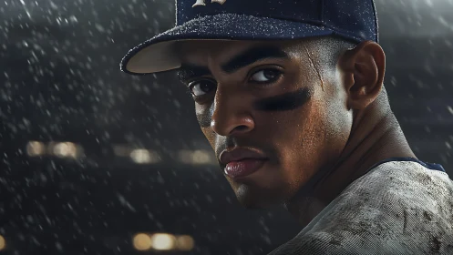 Baseball player portrait under stadium rain at night