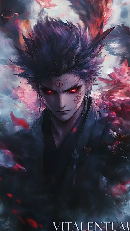 Dark anime sorcerer with glowing red eyes in swirling aura.