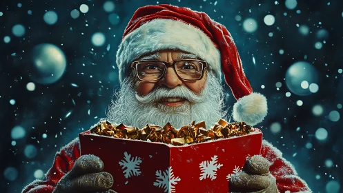 Optically crisp Santa portrait with luminous gift box focus.