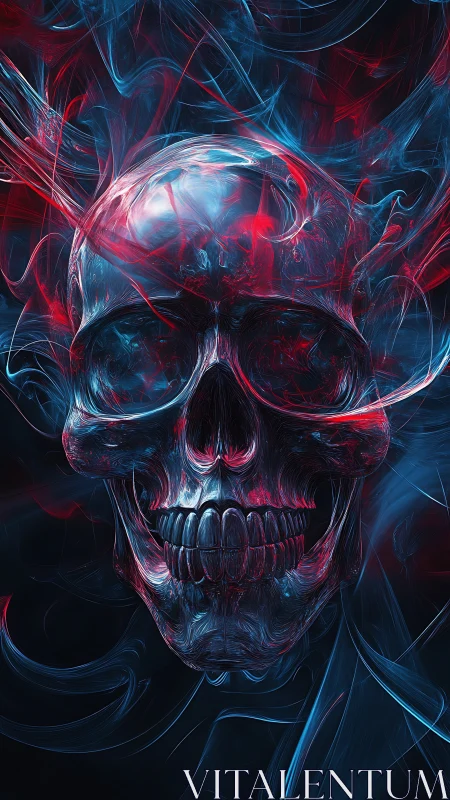 Luminous neon skull emerges from swirling electric smoke