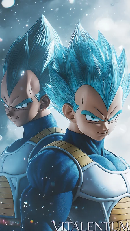 Powerful blue-haired warriors sharing a fierce cosmic bond.