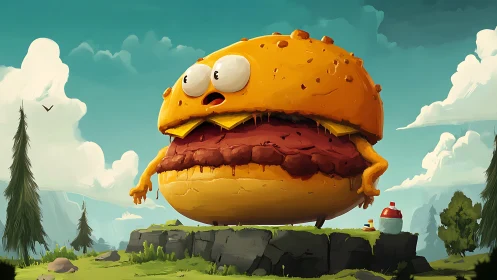 Giant cartoon burger monster surveys bright alpine meadow