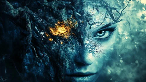 Bioluminescent arboreal fusion with partially veiled human face