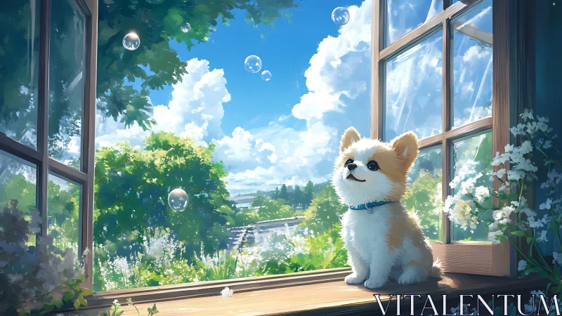 Puppy on sunlit windowsill gazes at drifting soap bubbles