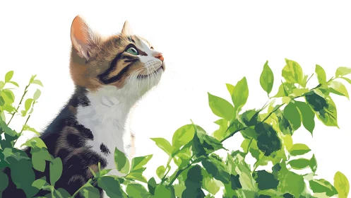 Tabby Cat Gazes Upward Among Lush Green Garden Foliage