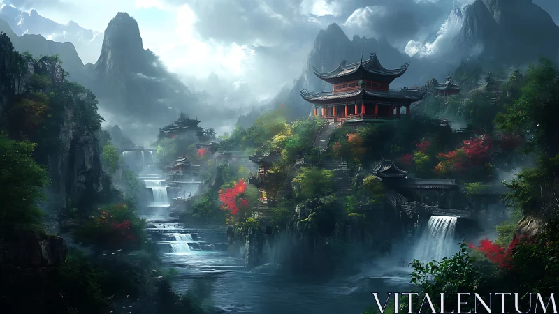 Digital painting of tiered mountain temple amid cascading waterfalls.