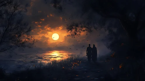 Couple walks a moonlit lakeside path under burning clouds