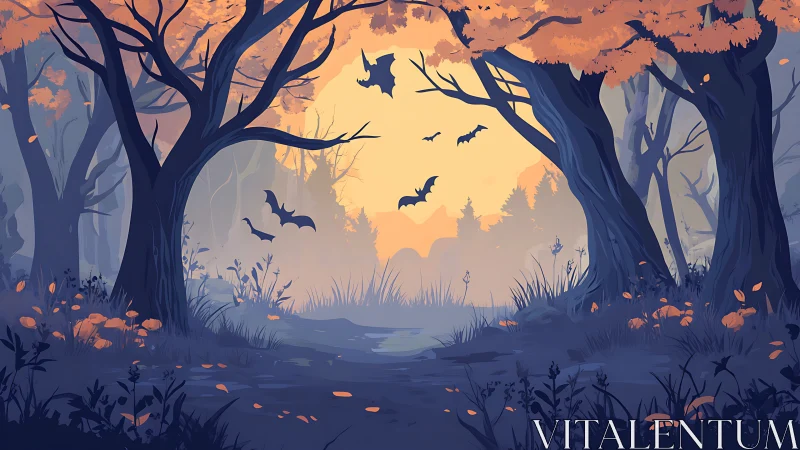 Ethereal forest pathway bathed in golden twilight with bats.