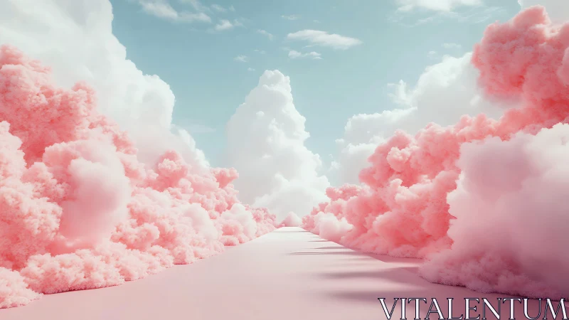 Dreamy pink cloud corridor stretches into a tranquil sky