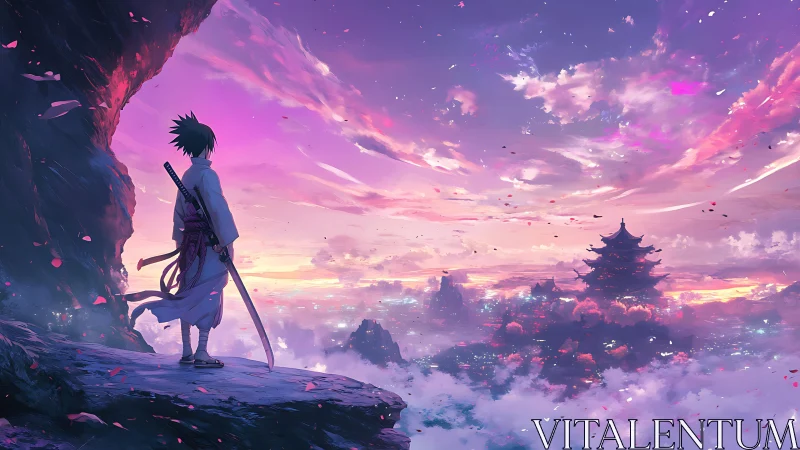 Lone samurai observes luminous sky above misty city