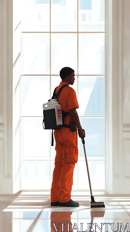 Custodian stands in bright hallway with cleaning equipment