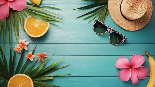 Summer beach flat lay arranges tropical props on teal boards