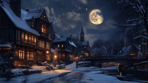 Snow-laden riverside village under luminous winter moonlight