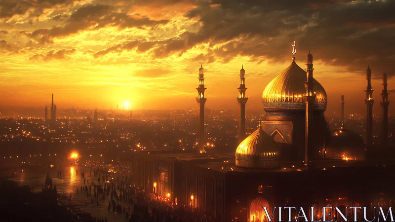 Golden domed mosque complex stands against dense sunset skyline