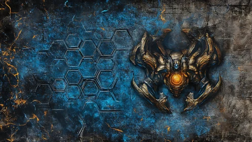 Futuristic mech emblem glows against distressed blue wall