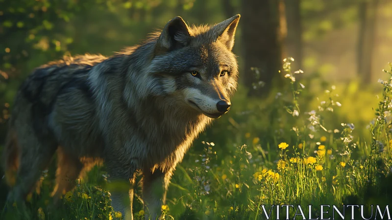 Sunlit meadow wolf pausing between shadows and wildflowers.