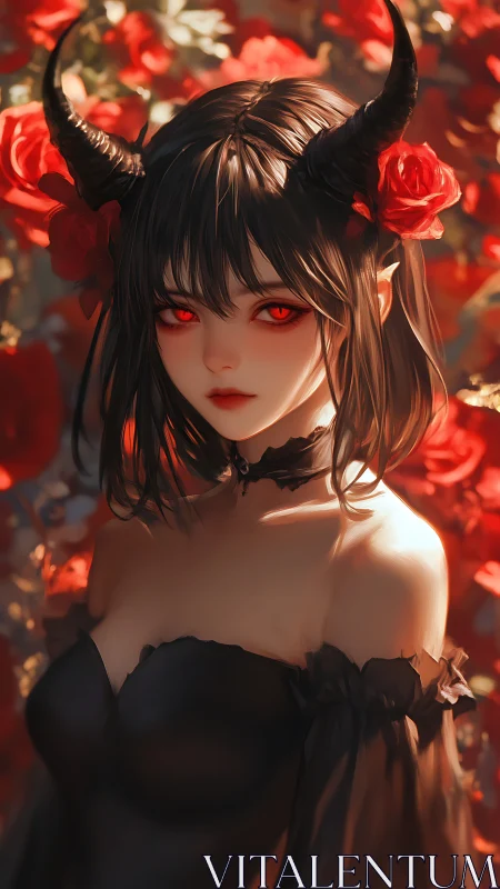 Demon girl portrait with glossy horns, red bokeh roses, soft lighting